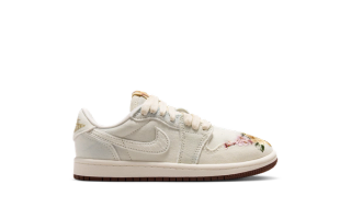 Little Kids' Air Jordan 1 Low OG "Year of the Horse" retro in a "Football Grey/Sail/Sail/Light Chocolate/Metallic Gold" color scheme.