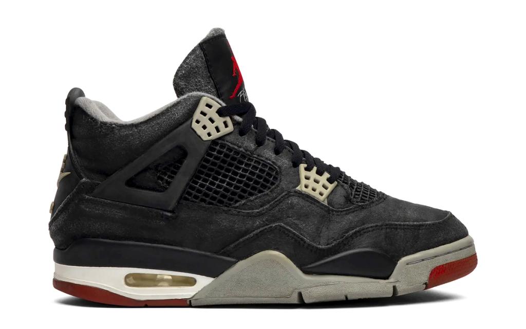 Air Jordan 4 'Bred' in black leather with red accents, displaying OG construction details and classic colorway