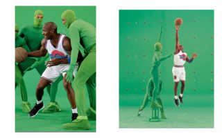 Michael Jordan on set of Space Jam, filming green screen scenes while wearing the original Air Jordan 11 "Space Jam." Photos via X user @zSneakerHeadz.