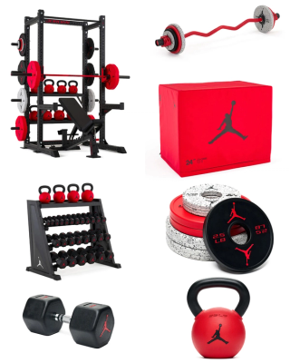 Jordan Strength Gym Equipment, including dumbbells, kettlebells, barbells, a soft plyo box, adjustable bench, and a half-rack with integrated storage.
