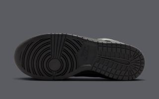 Outsole of the Nike Dunk Low covered in a "Black/Anthracite/Metallic Dark Grey" color scheme.