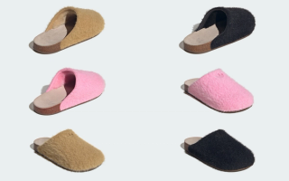 Three pairs of the adidas ADIMULE Slide in "Core Black," "Light Pink" & "Golden Beige" colorways.