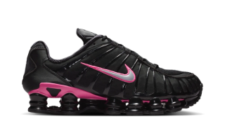 Nike Shox TL in a "Black/Pinksicle/Metallic Silver" color scheme.