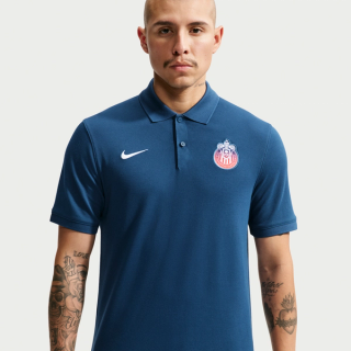 Chivas de Guadalajara Nike Football Polo in a "Brave Blue" color scheme, complete with a graphic of the club's crest.