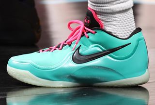 LeBron James wearing a Nike LeBron 23 basketball sneaker inspired by the "South Beach" LeBron 8 sneaker from 2010.