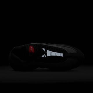 Photo of Nike's Air Max 95 in a "Black/Bright Crimson/Anthracite/Iron Grey" in the dark.