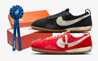 Jacquemus x Nike Moon Shoe collaboration in "Off-Noir" and "University Red" color schemes.