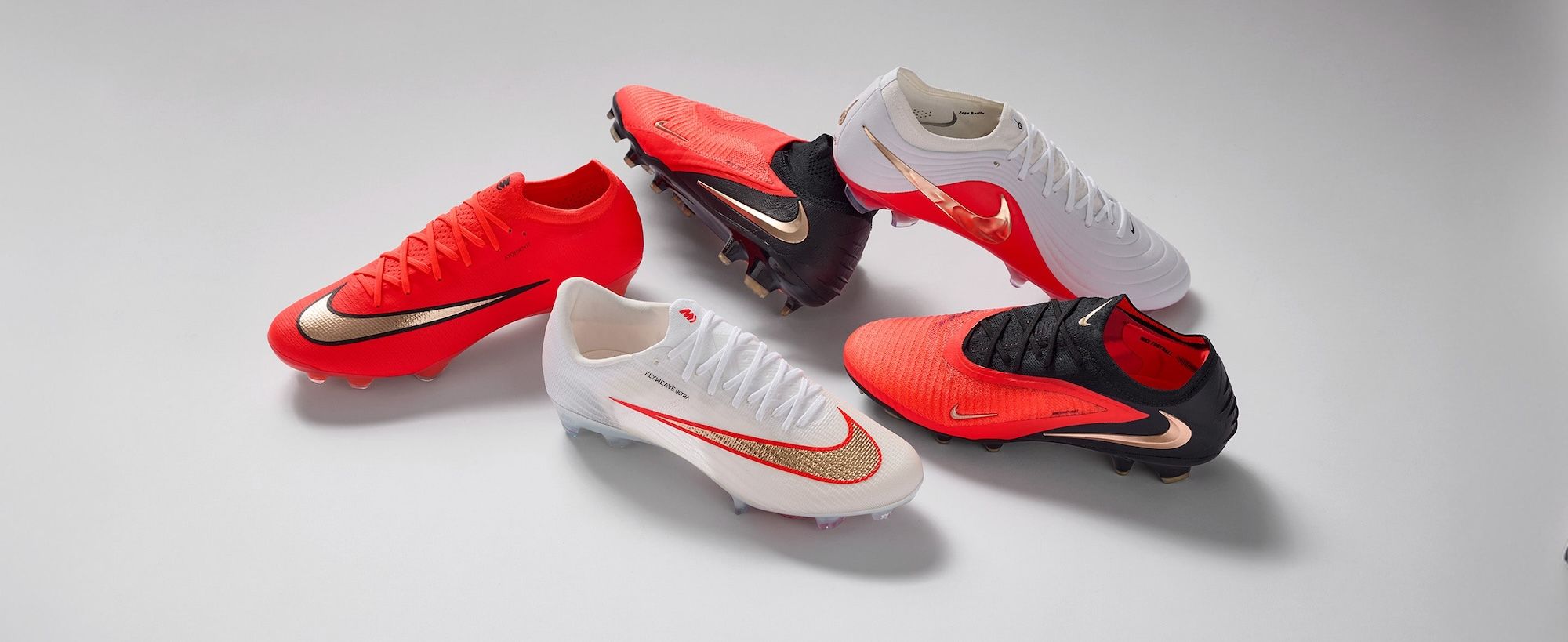 Nike Football's "Break 'Em" boots collection, featuring the Tiempo Maestro, Phantom 6, Mercurial Vapor 17 & Superfly 11 in white, black & "Bright Crimson" colors. Photo via Pro:Direct Sport.