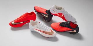 Nike Football's "Break 'Em" boots collection, featuring the Tiempo Maestro, Phantom 6, Mercurial Vapor 17 & Superfly 11 in white, black & "Bright Crimson" colors. Photo via Pro:Direct Sport.