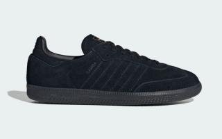 Adidas Samba in an all black, suede makeover reminiscent of the "Black Cat" look.