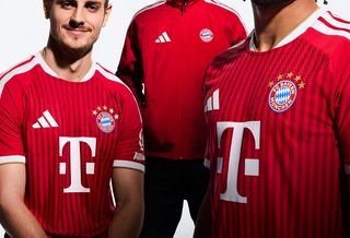 Josip Stanišić, Manuel Neuer & Serge Gnabry in promo visual for Bayern Munich's 2026/27 Home kit by adidas.