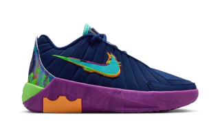 Kids' Nike LeBron Witness 9 "King of the Court" basketball shoe in a "Blue Void/Vivid Purple/Green Strike/Bleached Turquoise" color scheme.