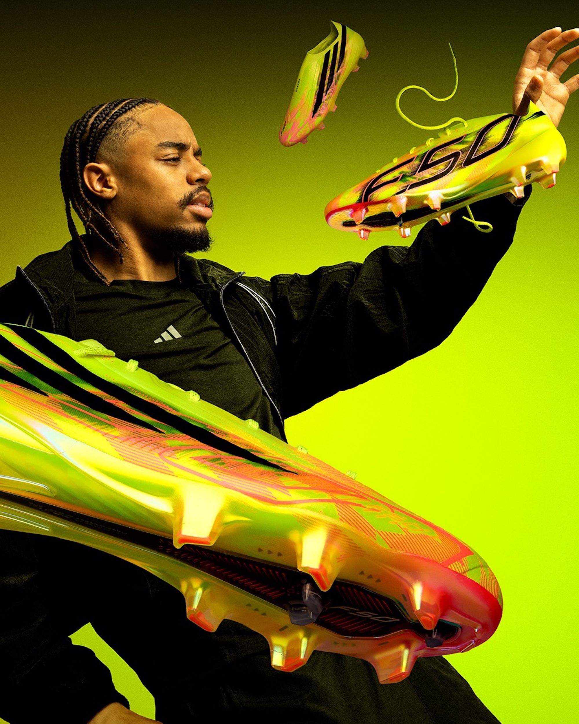 Bradley Barcola in promotional campaign for the adidas F50 HYPERFAST EVO "Too Light" football boot release.