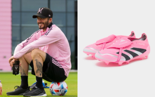 David Beckham's pink Adidas Predator Elite FT FG collaboration next to Beckham wearing Inter Miami's pink apparel.
