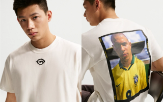 Nike t-shirt in an off white color featuring a retro picture of Ronaldo Luís Nazário de Lima—R9—in a yellow Brazil jersey.