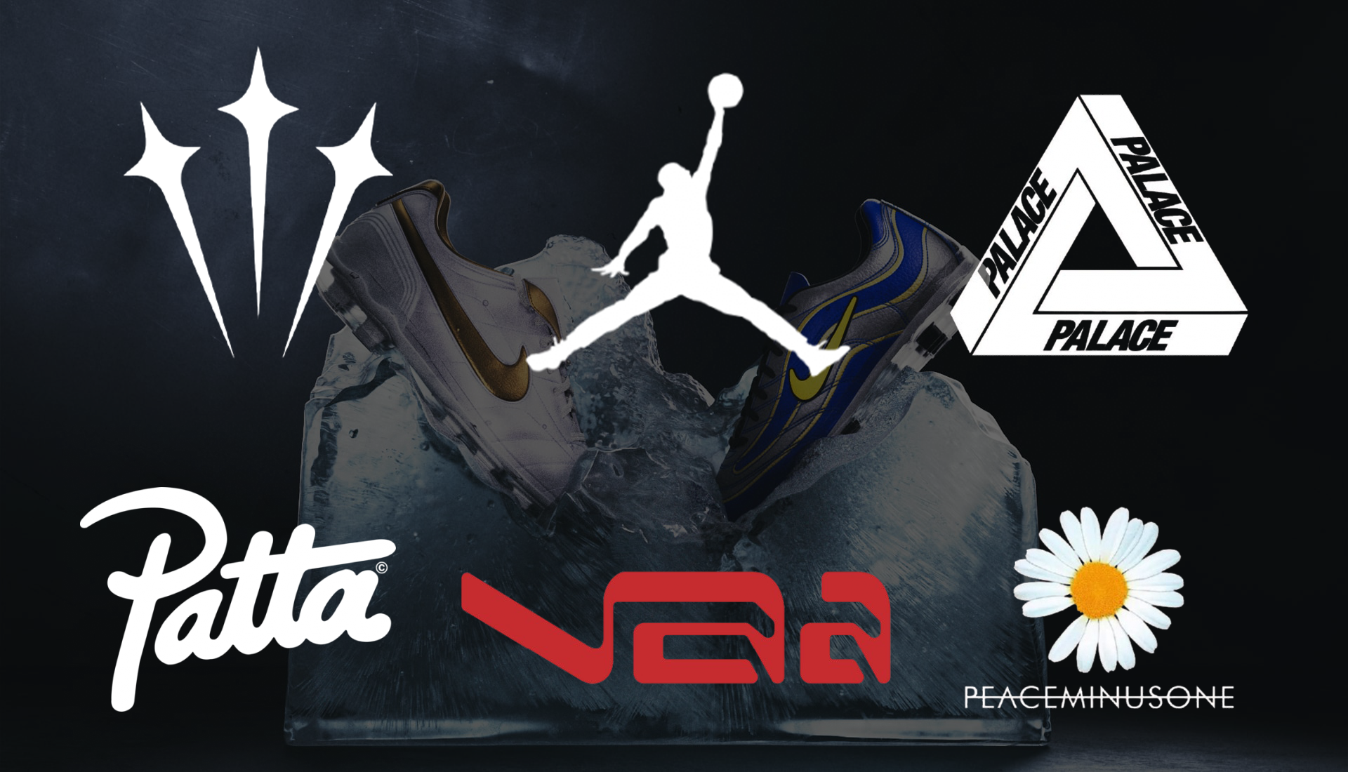 Logo lock-ups for Nike Football's Cryoshot collaborations with NOCTA, Virgil Abloh Archive™, Jordan Brand, Patta, Palace Skateboards, G-DRAGON's PEACEMINUSONE, Slawn, and JACQUEMUS.