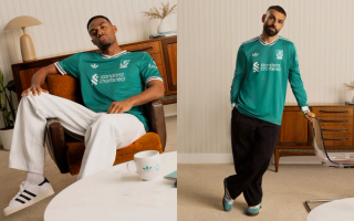 From left: Ryan Gravenberch wearing Liverpool FC's 25/26 Third Short Sleeve Jersey, Mohammed Salah wearing the Long Sleeve version.