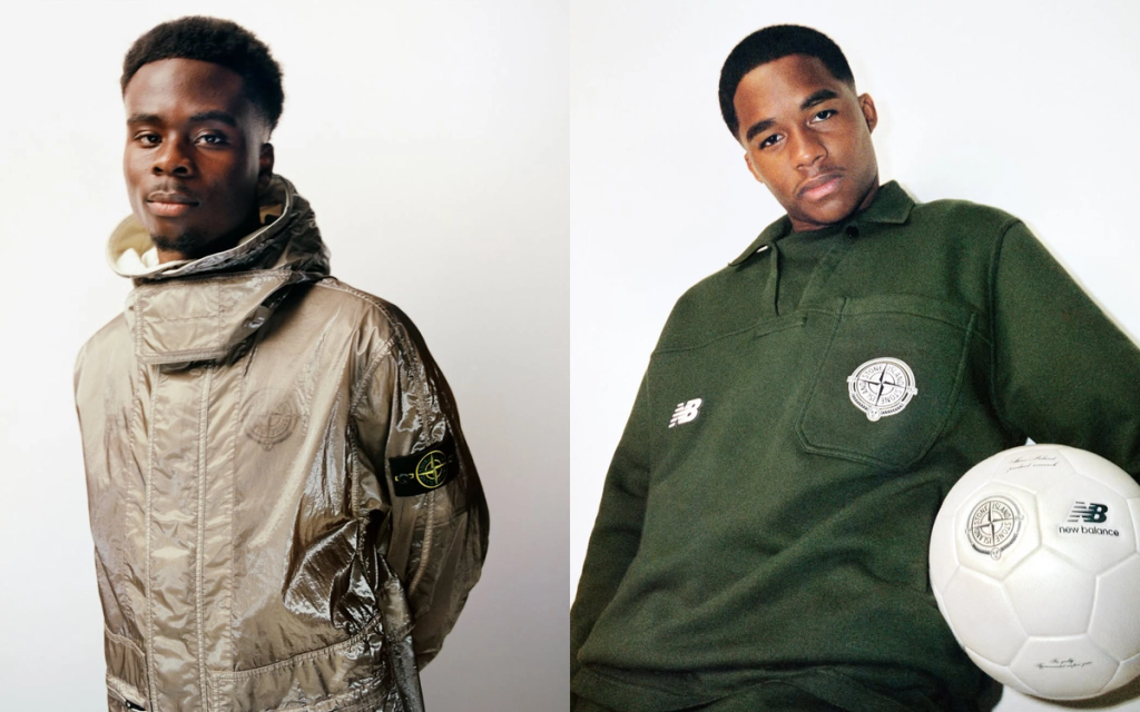 New Balance x Stone Island football collaboration featuring Bukayo Saka and Endrick in performance sportswear
