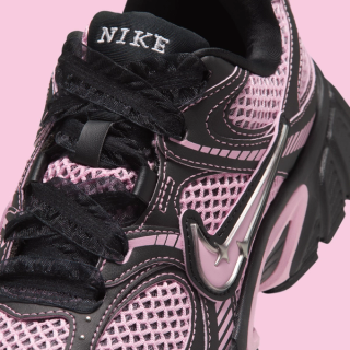 Women's Nike V5 RNR $95 retro runner-inspired sneaker in a "Black/Metallic Silver/Medium Soft Pink" color scheme.