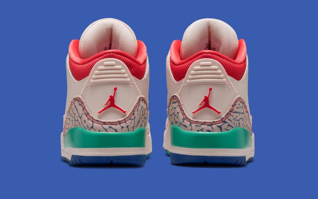 Kids Air Jordan 3 Retro in Chalk and Track Red colorway, side profile view showing elephant print and ankle collar detail
