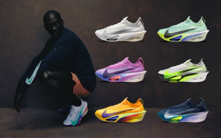 Eliud Kipchoge wearing his Nike AlphaFly 3 marathon racer; six pairs of the world-record holding Nike shoe.