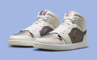 Air Jordan 1 Mid in a "Phantom" and iridescent purple color scheme.