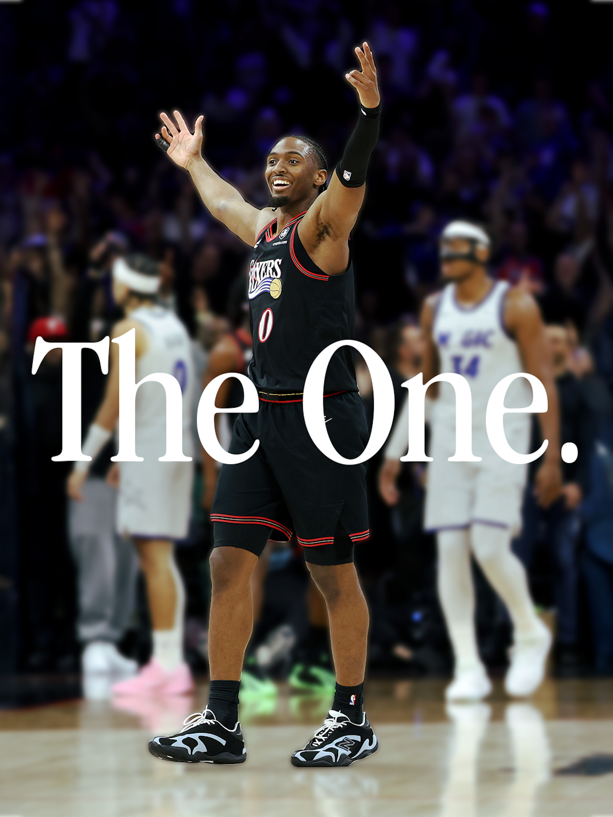 Tyrese Maxey wearing his debut New Balance Maxey v1 basketball sneaker in a blue-and-blue color scheme against the Orlando Magic.
