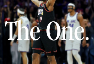 Tyrese Maxey wearing his debut New Balance Maxey v1 basketball sneaker in a blue-and-blue color scheme against the Orlando Magic.