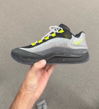Kevin Durant's Nike KD 18 in a neon yellow and grey color scheme inspired by the Nike Air Max 95. The collab is with Ronnie Fieg's Kith.