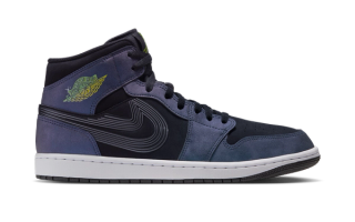 Men's Space Jam x Air Jordan 1 Mid retro in a "Black/Action Green/Varsity Royal/Yellow Zest" color scheme, celebrating the 30th anniversary of Space Jam.
