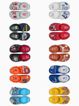 Ten different NCAA x Crocs Crocband Clogs inspired by different college teams—including the Florida Gators, UNC Tar Heels & Alabama Crimson Tide.