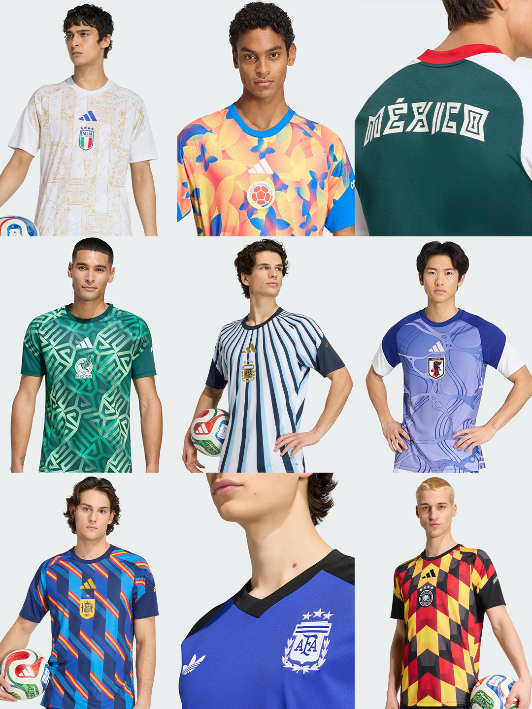 Seven different 2026 Pre-Match Home or Away jerseys by adidas for the World Cup™—including designs from Mexico, Argentina, Japan, Spain, Germany & Colombia national football teams.