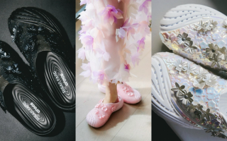 Three Susan Fang x Crocs Echo Blume colorways: black, pink & white.