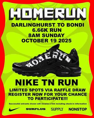 Promotional flyer for HOMERUN NYC's Nike TN Run event taking place in Australia.