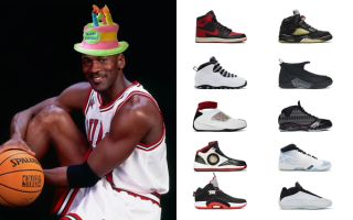 Edited image of Michael Jordan wearing a "Happy Birthday" hat next to profile angles of Air Jordan designs that've released during milestone anniversary years.