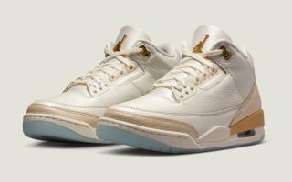 Air Jordan 3 "Champagne & Oysters" retro in a "Sail/Team Gold/Pale Ivory/Metallic Gold/Ice" color scheme.