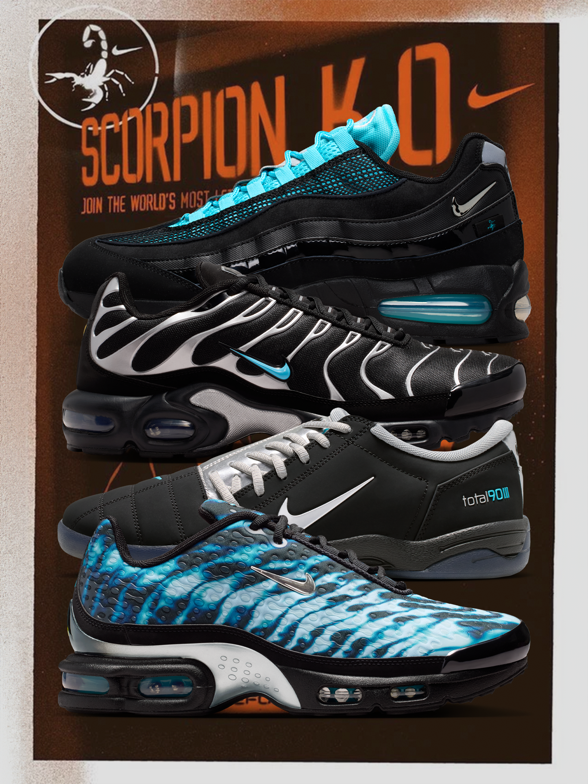 Nike Air Max 95, Air Max Plus, Air Max Plus VII & Total 90 III indoor "Scorpion" pairs in black-and-gamma-blue color schemes.