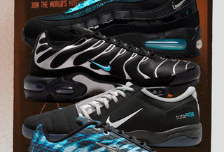 Nike Air Max 95, Air Max Plus, Air Max Plus VII & Total 90 III indoor "Scorpion" pairs in black-and-gamma-blue color schemes.