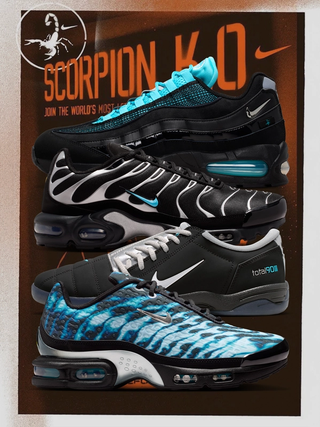 Nike Air Max 95, Air Max Plus, Air Max Plus VII & Total 90 III indoor "Scorpion" pairs in black-and-gamma-blue color schemes.