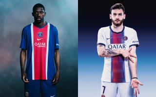 Ousmane Dembélé & Khvicha Kvaratskhelia in promo visual for Paris Saint-Germain's (PSG) 2026/27 Home & Away kits by Nike.