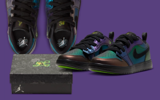 Little Kids' Space Jam x Air Jordan 1 Low "Air Bugs" featuring an iridescent color scheme and Bugs Bunny-like Jumpman logo.