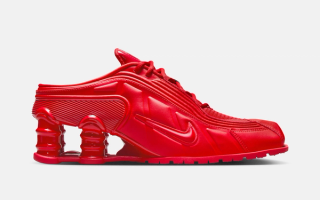 Martine Rose x Nike Shox MR4 "Fire Red" collaboration.