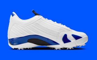 Medial angle of the Air Jordan 14 Golf shoe in a "White/Hyper Royal/Black" color scheme.
