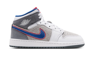 Big Kids' Space Jam x Air Jordan 1 Mid "Hare" retro in a "Light Smoke Grey/University Red/Cool Grey/Varsity Royal" color scheme, celebrating the 30th anniversary of Space Jam.