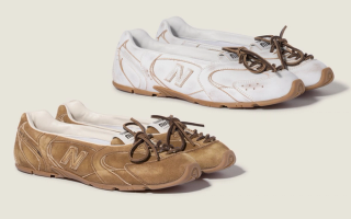 Miu Miu's New Balance 530SL Ballerina shoe in "Cinnamon" & "White" color schemes, made from deco' leather. 