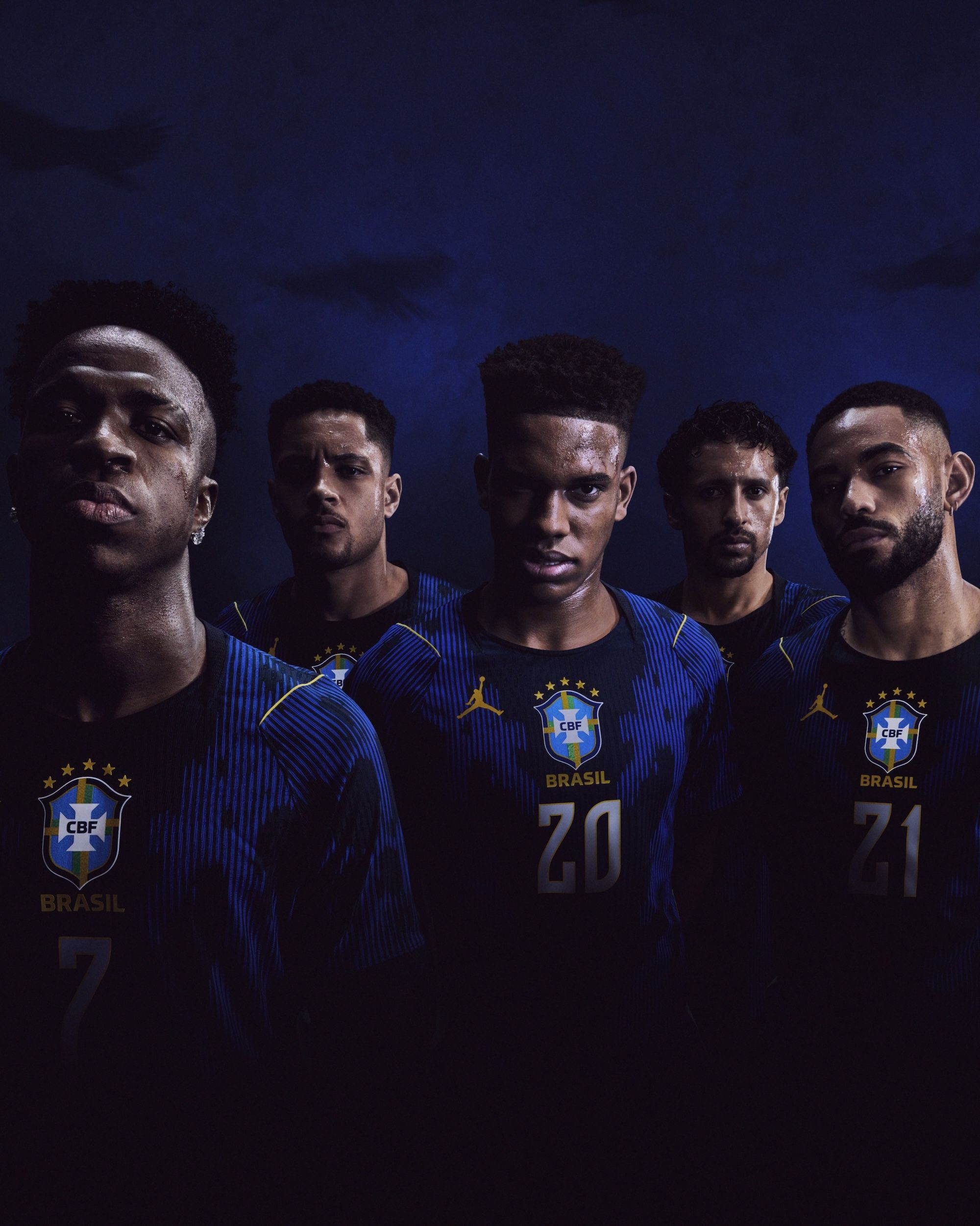 Jordan Brand's Brazil Away Jersey for the 2026 FIFA World Cup™, as modeled by Vinicius Jr., Estêvão, Marquinhos & others.