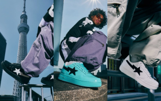 From left: BAPE STA™ #1 "Black/White," "Turquoise Blue," "White/Black" patent leather sneakers.