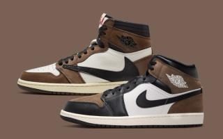 Air Jordan 1 Mid in a "Black/Palomino/University Red/Phantom" color scheme, which shares some heritage with Travis Scott's brown-colored Air Jordan 1s.
