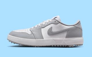 Air Jordan 1 Low Golf shoe in a "Wolf Grey/Wolf Grey/White" color scheme.