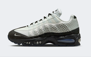 Nike Air Max 95 OG in a "Photon Dust/Dark Smoke Grey/Cool Grey/Metallic Silver" color scheme.